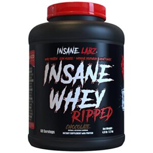 insane labz insane whey ripped, lean muscle building protein with l-carnitine and cla oil powder, 5lbs 60 servings, chocolate