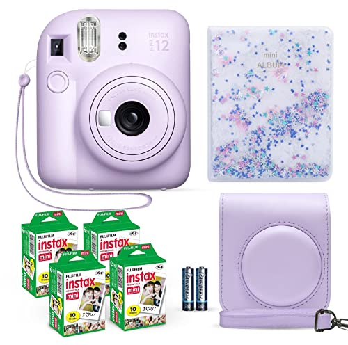 Fujifilm Instax Mini 12 Instant Camera Lilac Purple + Fuji Instax Film Value Pack (40 Sheets) + Shutter Accessories Bundle, Incl. Compatible Carrying Case, Quicksand Beads Photo Album 64 Pockets