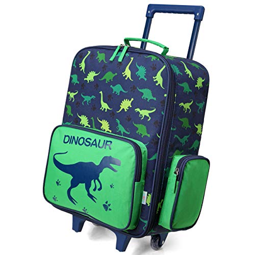 VASCHY Rolling Luggage for Kids, Cute Travel Carry on Suitcase for Boys Toddlers/Children with Wheels 18inch Dinosaur