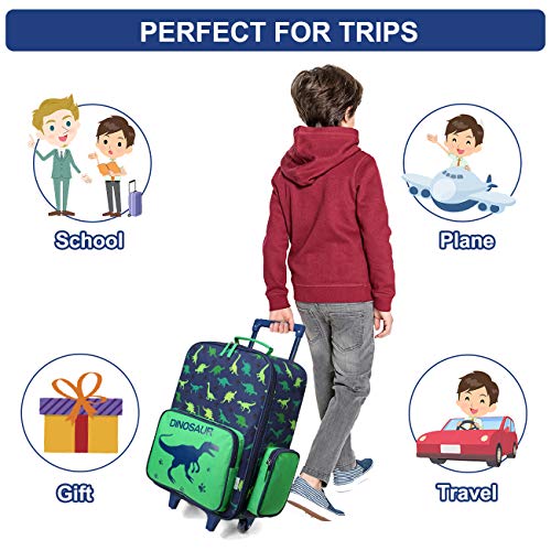 VASCHY Rolling Luggage for Kids, Cute Travel Carry on Suitcase for Boys Toddlers/Children with Wheels 18inch Dinosaur