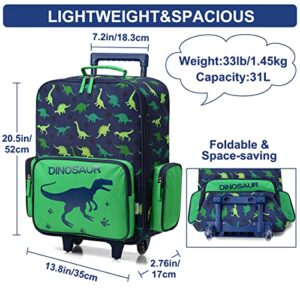 VASCHY Rolling Luggage for Kids, Cute Travel Carry on Suitcase for Boys Toddlers/Children with Wheels 18inch Dinosaur