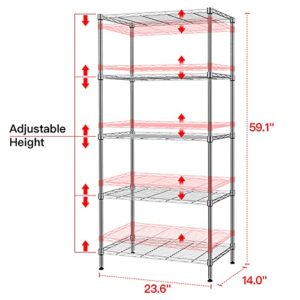 SINGAYE 5 Tier Storage Rack Wire Shelving Unit Thicken Heavy Duty Storage Shelves for Pantry Closet Kitchen Laundry 880Lbs Capacity 13.38"x 23.22"x 59.05"(DxWxH) Silver
