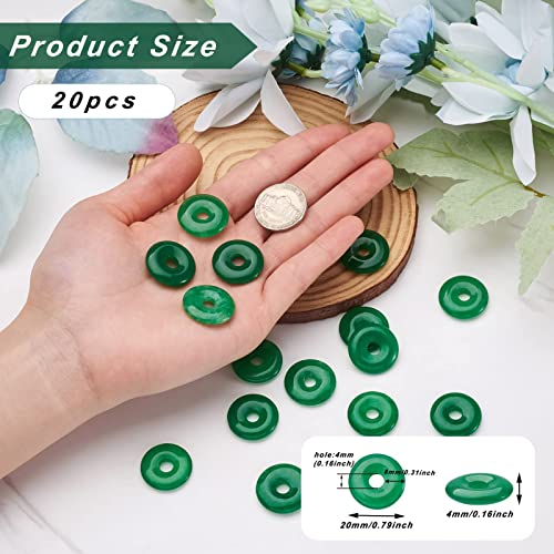 FASHEWELRY 20Pcs Natural Green Jade Donut Disc Gemstone Pendants 20mm Large Hole Healing Chakra Polished Stone Coin Circle Bead Charms for Jewelry Craft Making