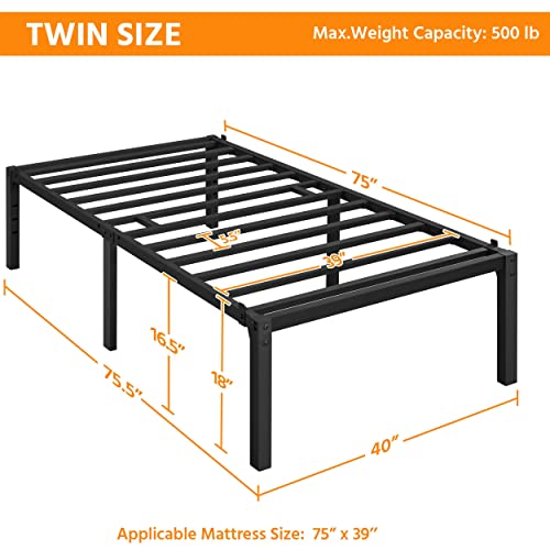 Yaheetech 18 inch Metal Platform Bed Frame Twin with Steel Slat Support and Underbed Storage Space Non-Slip Mattress Foundation No Box Spring Needed Tool-Free Assembly Black