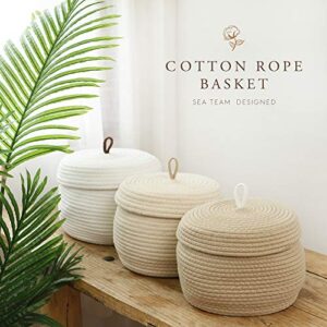 Sea Team Round Cotton Rope Storage Basket with Lid, Decorative Woven Storage Bin, Pot, Caddy, Organizer, Container for Snacks, Towels, Plants, 10 x 7.5 Inches (Small, Cream)