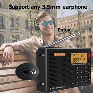 SIHUADON R108 Portable Radio AM FM SW LW Airband Full Band DSP Radio Battery Operated with Headphone Antenna Jack Sleep Time and Alarm Clock 500 Memory Preset for Parents by RADIWOW (Black)