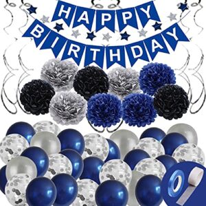 Blue Birthday Party Decorations for Men Women Boys Girls,Birthday Party Supplies Birthday Balloons, Happy Birthday Banner,Tissue Pompoms, Hanging Swirl Star Garland for Birthday Decorations of All Age