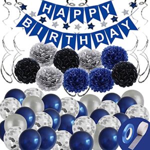 blue birthday party decorations for men women boys girls,birthday party supplies birthday balloons, happy birthday banner,tissue pompoms, hanging swirl star garland for birthday decorations of all age