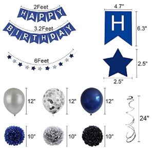 Blue Birthday Party Decorations for Men Women Boys Girls,Birthday Party Supplies Birthday Balloons, Happy Birthday Banner,Tissue Pompoms, Hanging Swirl Star Garland for Birthday Decorations of All Age