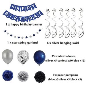 Blue Birthday Party Decorations for Men Women Boys Girls,Birthday Party Supplies Birthday Balloons, Happy Birthday Banner,Tissue Pompoms, Hanging Swirl Star Garland for Birthday Decorations of All Age