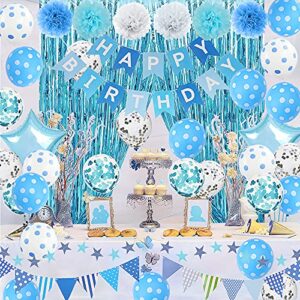 light blue birthday decorations, blue birthday party decorations with tissue pom pom flowers, happy birthday banner, confetti balloons, foil fringe curtain, happy birthday party supplies for men women boys girls - light blue and white