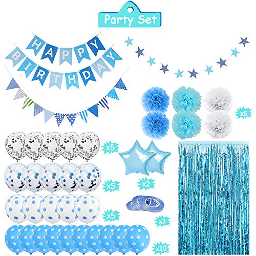 Light Blue Birthday Decorations, Blue Birthday Party Decorations with Tissue Pom Pom flowers, Happy Birthday Banner, Confetti Balloons, Foil Fringe Curtain, Happy Birthday Party Supplies for Men Women Boys Girls - Light Blue and White