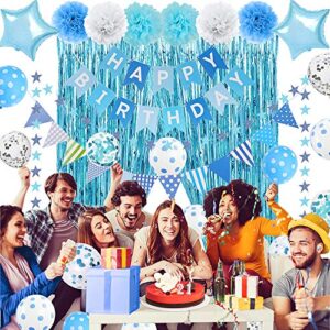 Light Blue Birthday Decorations, Blue Birthday Party Decorations with Tissue Pom Pom flowers, Happy Birthday Banner, Confetti Balloons, Foil Fringe Curtain, Happy Birthday Party Supplies for Men Women Boys Girls - Light Blue and White