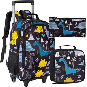 gxtvo kids rolling backpack, roller wheels boys bookbag - wheeled suitcase elementary school bag - 3pcs dinosaur