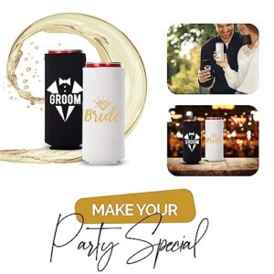 Bride and Groom Gifts Can Coolers, Set of 2, 1 White and 1 Black Beer Can Coolies, Cute Wedding Gifts, Novelty Can Cooler, Perfect Engagement or Gift, Bridal Shower Gift (Slim)