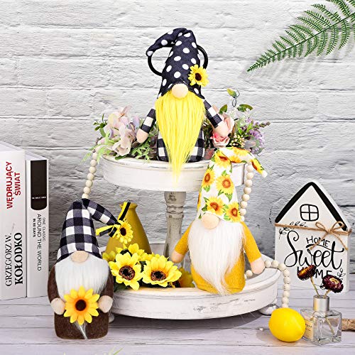 3 Pieces Summer Swedish Gnomes Decor Spring Buffalo Plaid Rustic Tiered Tray Decorations Plush Sunflower Ornaments for Home Garden Kitchen Decor