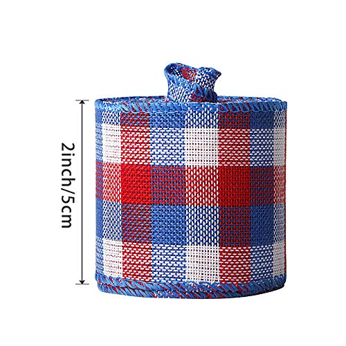 Patriotic Ribbon Rustic Blue Red White Grid Burlap Ribbon 2inch Memorial Day President's Day 4th of July USA Wired Ribbon for Wreaths Trees Crafts Holiday Decorations 5yards