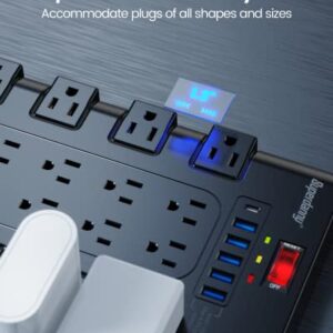 Power Strip, SUPERDANNY Surge Protector with 22 AC Outlets and 6 USB Charging Ports, 1875W/15A, 2100 Joules, 6.5Ft Flat Plug Heavy Duty Extension Cord for Home, Office, Dorm, Gaming Room, Black