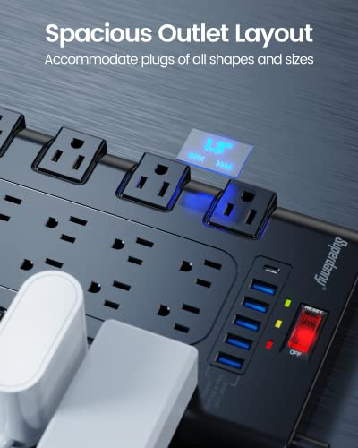 Power Strip, SUPERDANNY Surge Protector with 22 AC Outlets and 6 USB Charging Ports, 1875W/15A, 2100 Joules, 6.5Ft Flat Plug Heavy Duty Extension Cord for Home, Office, Dorm, Gaming Room, Black