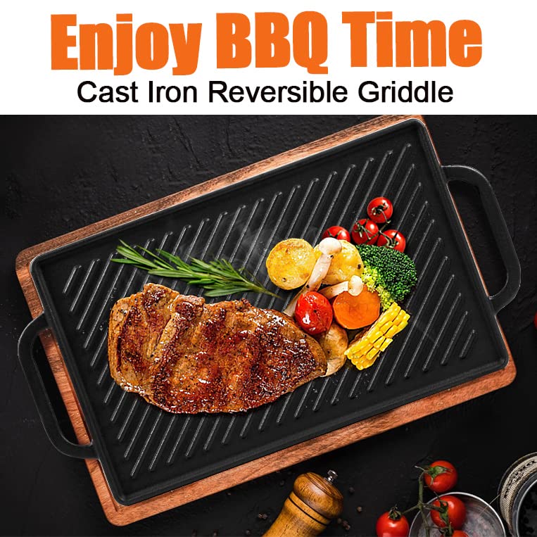 GGC Cast Iron Reversible Grill Griddle，Double Sided Grill Pan Perfect for Gas Grills and Stove Tops, 13 x 8.25 Rectangular Baking Flat and Ribbed Griddle Plate