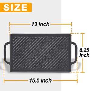 GGC Cast Iron Reversible Grill Griddle，Double Sided Grill Pan Perfect for Gas Grills and Stove Tops, 13 x 8.25 Rectangular Baking Flat and Ribbed Griddle Plate