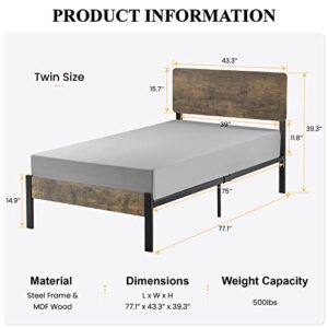 SHA CERLIN Twin Size Metal Platform Bed Frame with Wooden Headboard and Footboard/Rustic Mattress Foundation/No Box Spring Needed/Non-Slip Without Noise/Black&Brown