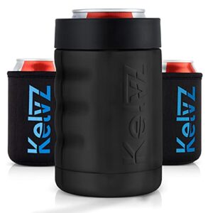 kelvz can cooler insulated beer & soda can cooler with 2 foam sleeves - stainless steel can cooler for cold drinks, 12 oz can cooler & beer can holder - fits standard 12oz cans & bottles - black