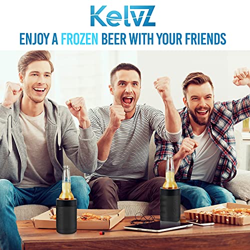 KelvZ Can Cooler Insulated Beer & Soda Can Cooler with 2 Foam Sleeves - Stainless Steel Can Cooler for Cold Drinks, 12 Oz Can Cooler & Beer Can Holder - Fits Standard 12oz Cans & Bottles - Black