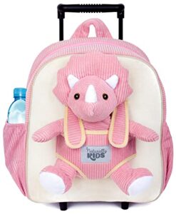 naturally kids dinosaur backpack - dinosaur toys for kids 3-5 - kids suitcase for girl boy w stuffed animal - gifts for 7 year old - w pockets & reflective logo - rolling backpack w pink triceratops