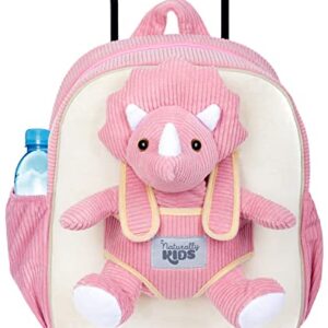 Naturally KIDS Dinosaur Backpack - Dinosaur Toys for Kids 3-5 - Kids Suitcase for Girl Boy w Stuffed Animal - Gifts for 7 Year Old - w Pockets & Reflective Logo - Rolling Backpack w Pink Triceratops