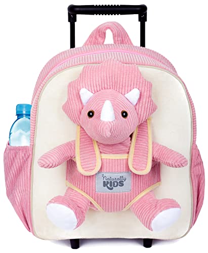 Naturally KIDS Dinosaur Backpack - Dinosaur Toys for Kids 3-5 - Kids Suitcase for Girl Boy w Stuffed Animal - Gifts for 7 Year Old - w Pockets & Reflective Logo - Rolling Backpack w Pink Triceratops