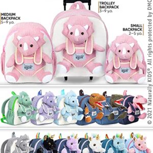 Naturally KIDS Dinosaur Backpack - Dinosaur Toys for Kids 3-5 - Kids Suitcase for Girl Boy w Stuffed Animal - Gifts for 7 Year Old - w Pockets & Reflective Logo - Rolling Backpack w Pink Triceratops