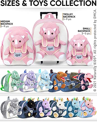 Naturally KIDS Dinosaur Backpack - Dinosaur Toys for Kids 3-5 - Kids Suitcase for Girl Boy w Stuffed Animal - Gifts for 7 Year Old - w Pockets & Reflective Logo - Rolling Backpack w Pink Triceratops