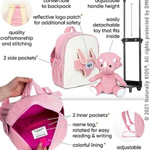 Naturally KIDS Dinosaur Backpack - Dinosaur Toys for Kids 3-5 - Kids Suitcase for Girl Boy w Stuffed Animal - Gifts for 7 Year Old - w Pockets & Reflective Logo - Rolling Backpack w Pink Triceratops