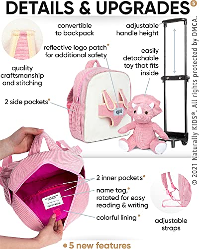 Naturally KIDS Dinosaur Backpack - Dinosaur Toys for Kids 3-5 - Kids Suitcase for Girl Boy w Stuffed Animal - Gifts for 7 Year Old - w Pockets & Reflective Logo - Rolling Backpack w Pink Triceratops