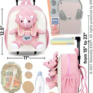 Naturally KIDS Dinosaur Backpack - Dinosaur Toys for Kids 3-5 - Kids Suitcase for Girl Boy w Stuffed Animal - Gifts for 7 Year Old - w Pockets & Reflective Logo - Rolling Backpack w Pink Triceratops