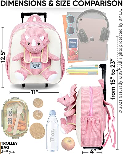 Naturally KIDS Dinosaur Backpack - Dinosaur Toys for Kids 3-5 - Kids Suitcase for Girl Boy w Stuffed Animal - Gifts for 7 Year Old - w Pockets & Reflective Logo - Rolling Backpack w Pink Triceratops