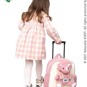 Naturally KIDS Dinosaur Backpack - Dinosaur Toys for Kids 3-5 - Kids Suitcase for Girl Boy w Stuffed Animal - Gifts for 7 Year Old - w Pockets & Reflective Logo - Rolling Backpack w Pink Triceratops