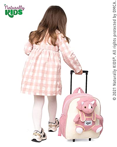 Naturally KIDS Dinosaur Backpack - Dinosaur Toys for Kids 3-5 - Kids Suitcase for Girl Boy w Stuffed Animal - Gifts for 7 Year Old - w Pockets & Reflective Logo - Rolling Backpack w Pink Triceratops