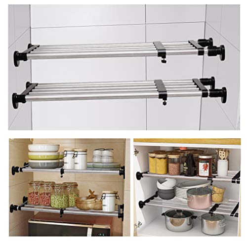 BAOYOUNI Expandable Closet Shelf Tension Rod Clothes Hanger Storage Rack Adjustable DIY Shelving Unit Cabinet Kitchen Bathroom Divider Separator Organizer, Black