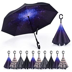 sy compact inverted umbrella windproof double layer reverse umbrellas with c-shaped handle straight umbrella for car rain(starry sky)