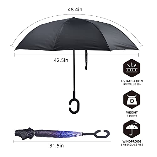 SY COMPACT Inverted Umbrella Windproof Double Layer Reverse Umbrellas with C-Shaped Handle Straight Umbrella for Car Rain(Starry Sky)