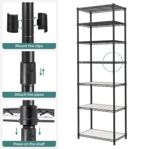 SONGMICS 7-Tier Metal Storage Shelves, Wire Shelving Unit, Adjustable Shelves, Garage Shelving, Kitchen, Living Room Storage Rack, Shelf Liners, 8 Hooks, Total Max. Load 616 lb, Black ULGR067B01