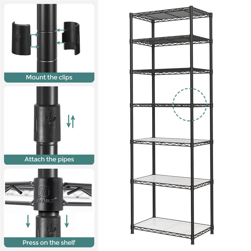 SONGMICS 7-Tier Metal Storage Shelves, Wire Shelving Unit, Adjustable Shelves, Garage Shelving, Kitchen, Living Room Storage Rack, Shelf Liners, 8 Hooks, Total Max. Load 616 lb, Black ULGR067B01