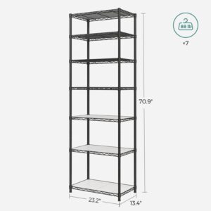 SONGMICS 7-Tier Metal Storage Shelves, Wire Shelving Unit, Adjustable Shelves, Garage Shelving, Kitchen, Living Room Storage Rack, Shelf Liners, 8 Hooks, Total Max. Load 616 lb, Black ULGR067B01