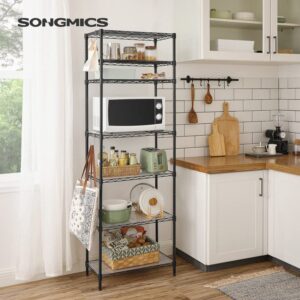 SONGMICS 7-Tier Metal Storage Shelves, Wire Shelving Unit, Adjustable Shelves, Garage Shelving, Kitchen, Living Room Storage Rack, Shelf Liners, 8 Hooks, Total Max. Load 616 lb, Black ULGR067B01