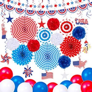 66PCS 4th/Fourth of July Decorations Set - Patriotic Paper Fans+Tissue Pom Poms+Star Streamer+American Flag Banner Garland+Hang Swirls+Balloons - Red White Blue USA Memorial Day Party Decor Supplies