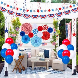 66PCS 4th/Fourth of July Decorations Set - Patriotic Paper Fans+Tissue Pom Poms+Star Streamer+American Flag Banner Garland+Hang Swirls+Balloons - Red White Blue USA Memorial Day Party Decor Supplies