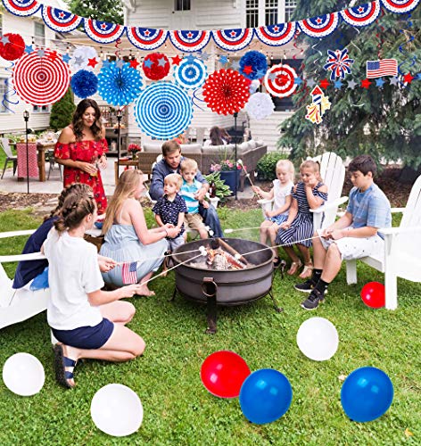 66PCS 4th/Fourth of July Decorations Set - Patriotic Paper Fans+Tissue Pom Poms+Star Streamer+American Flag Banner Garland+Hang Swirls+Balloons - Red White Blue USA Memorial Day Party Decor Supplies