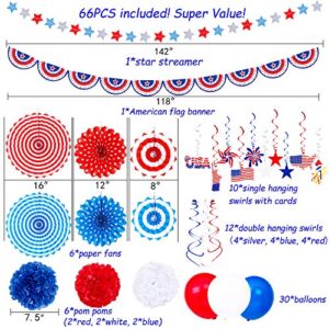 66PCS 4th/Fourth of July Decorations Set - Patriotic Paper Fans+Tissue Pom Poms+Star Streamer+American Flag Banner Garland+Hang Swirls+Balloons - Red White Blue USA Memorial Day Party Decor Supplies